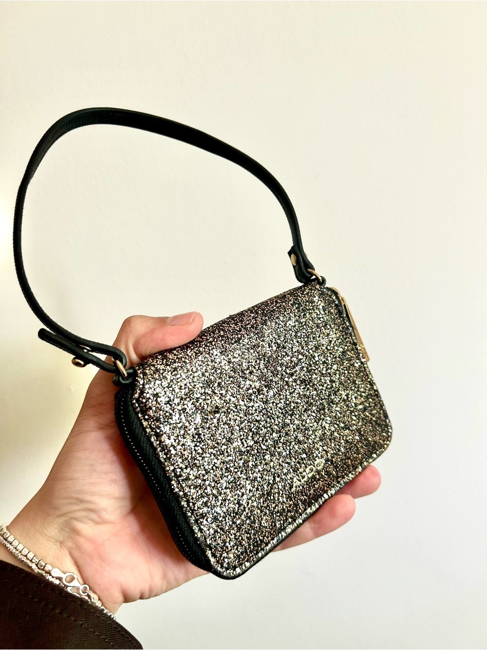 Aldo Glittery Wristlet Wallet - mini - black and gold
